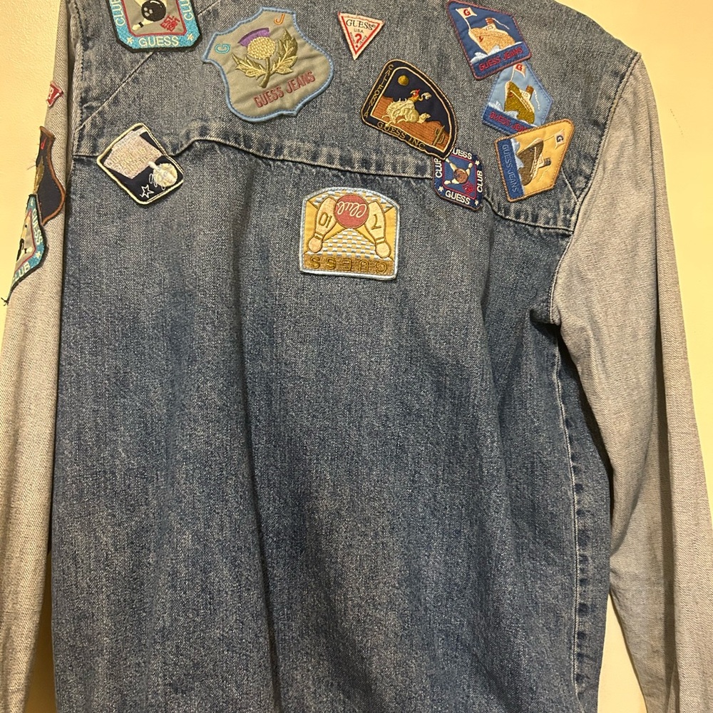 Vintage GUESS Blue Denim Patchwork Jacket S Asymmetrical Bomber - Picture 3 of 12